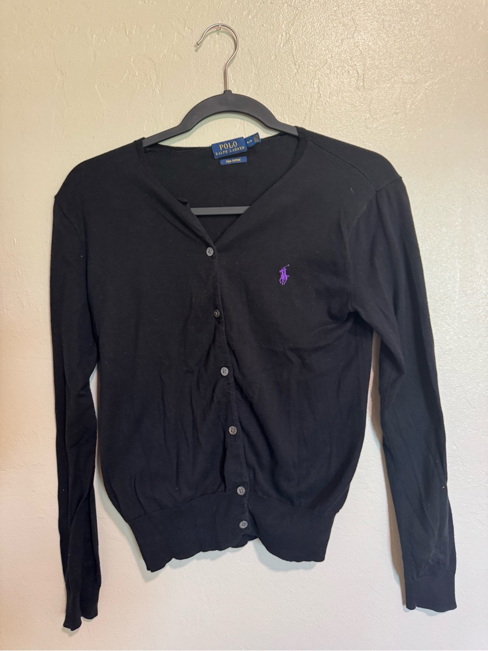 Polo Ralph Lauren Black Pima Cotton V-Neck Cardigan Purple Pony Size S